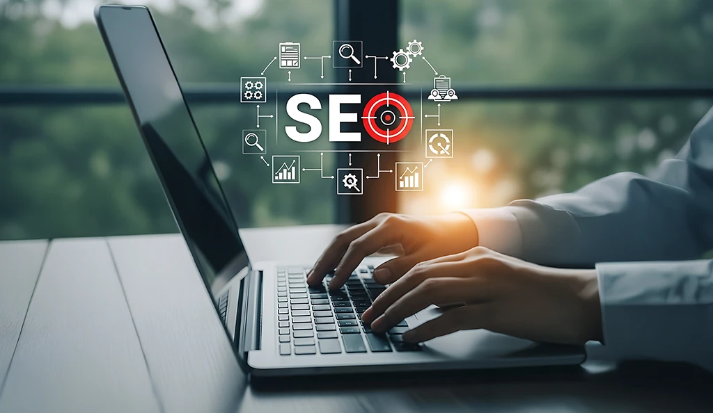 Professional analyzing SEO strategy while working on a laptop