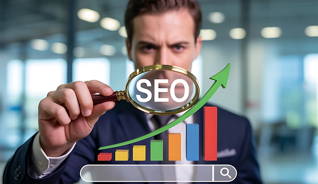 SEO Service Consultant analyzing website performance with magnifying glass and growth chart to improve website content strategy