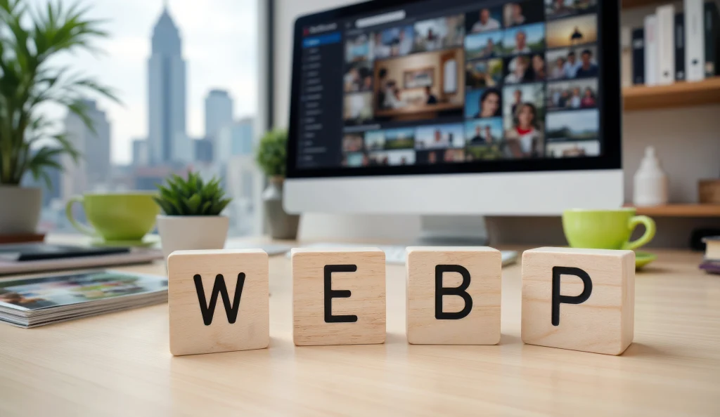 Wooden blocks spelling “WEBP” on a desk, symbolizing image optimization and reduced file size.