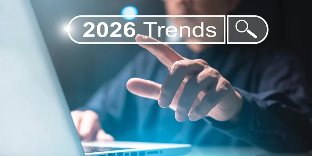 A digital professional interacting with a glowing "2026 Trends" search bar, representing a Dubai SEO agency implementing future-proof strategies like Generative Engine Optimization (GEO) and AI-driven search.