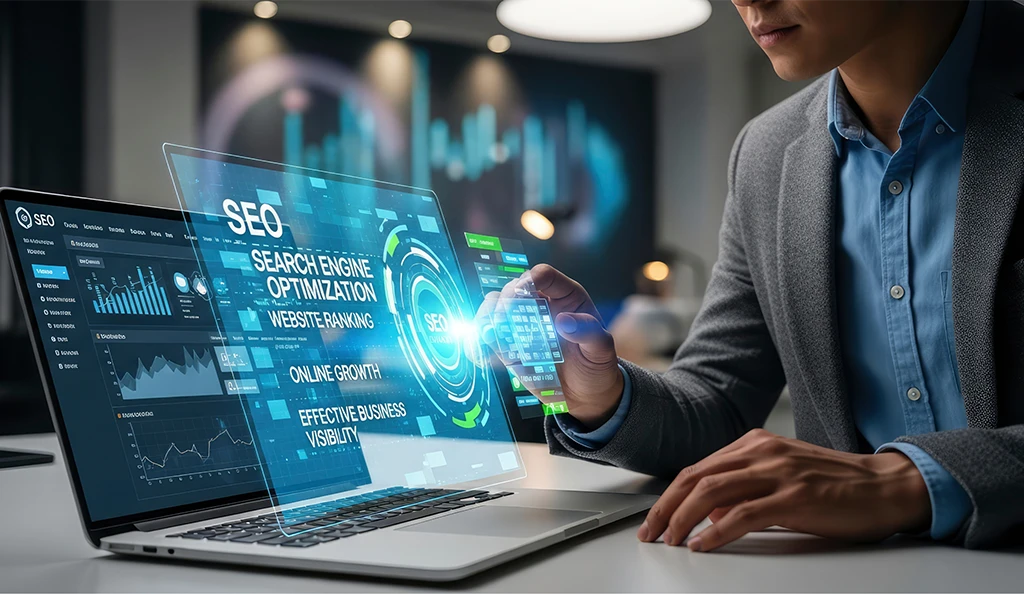 A professional SEO specialist interacting with a futuristic digital interface showing search engine optimization metrics, website rankings, and online growth analytics on a laptop.