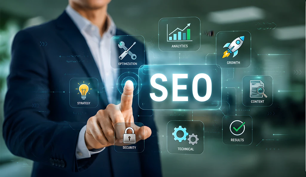 How Technical Updates and User Experience Improve SEO for Website Rankings Business professional using digital interface for SEO for Website strategy, analytics, technical optimization, content growth, and online marketing performance improvement.