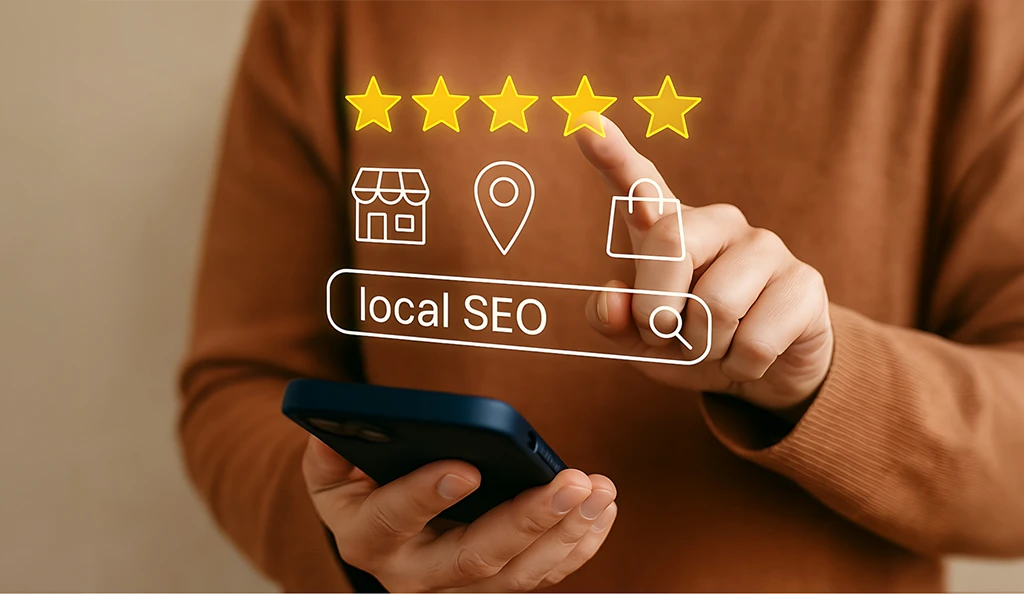 Person using smartphone with search icons and five-star ratings illustrating local SEO services for improving local business visibility online.