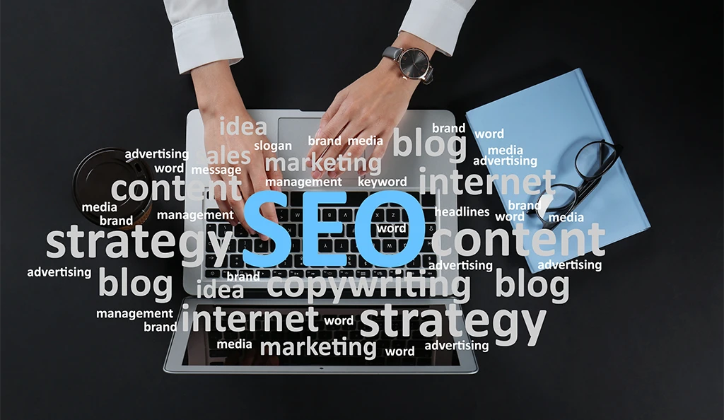 Professional SEO strategy and content marketing concepts displayed on a laptop for digital business growth.