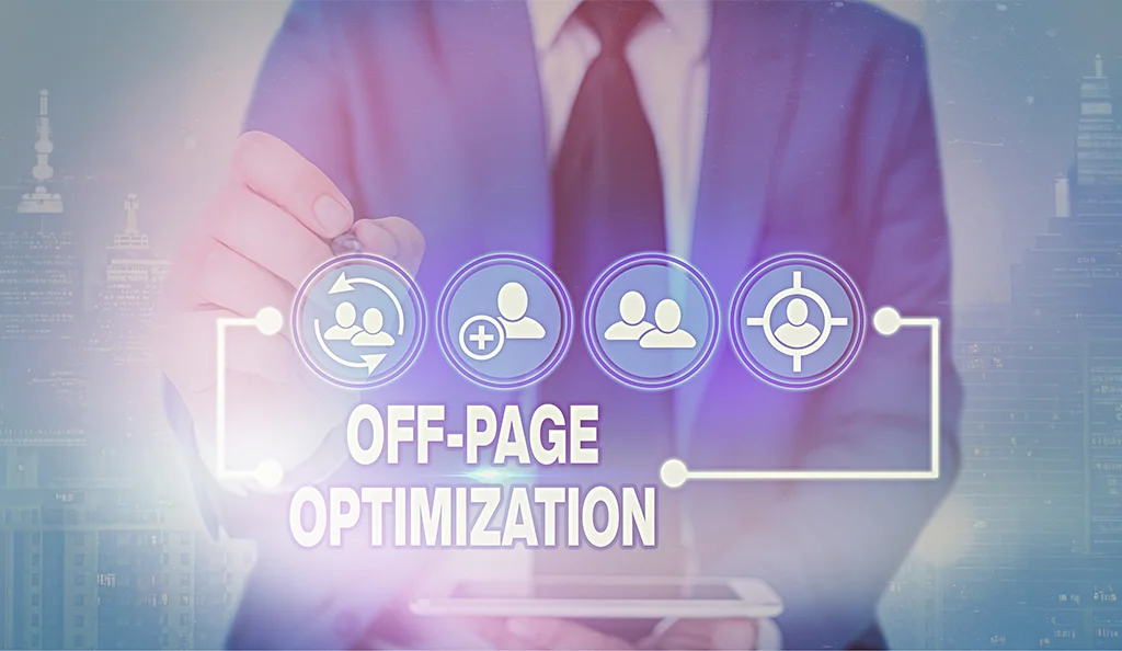 Businessman holding a tablet with digital icons and the words Off-page SEO services