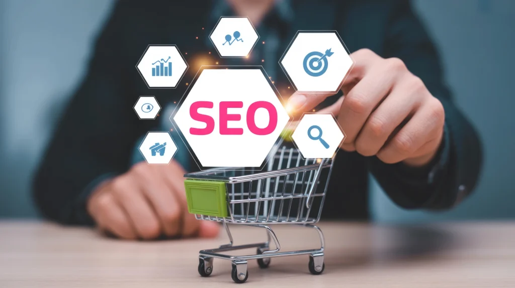 Ecommerce SEO services concept with a shopping cart and SEO strategy icons.