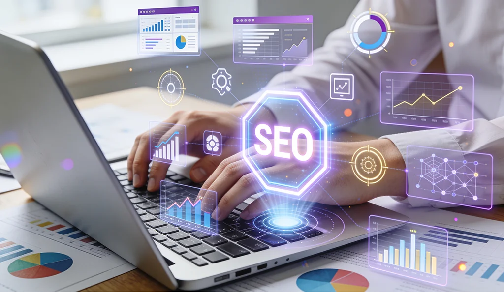 SEO Agency Services with SEO analytics and digital marketing data displayed on a laptop.