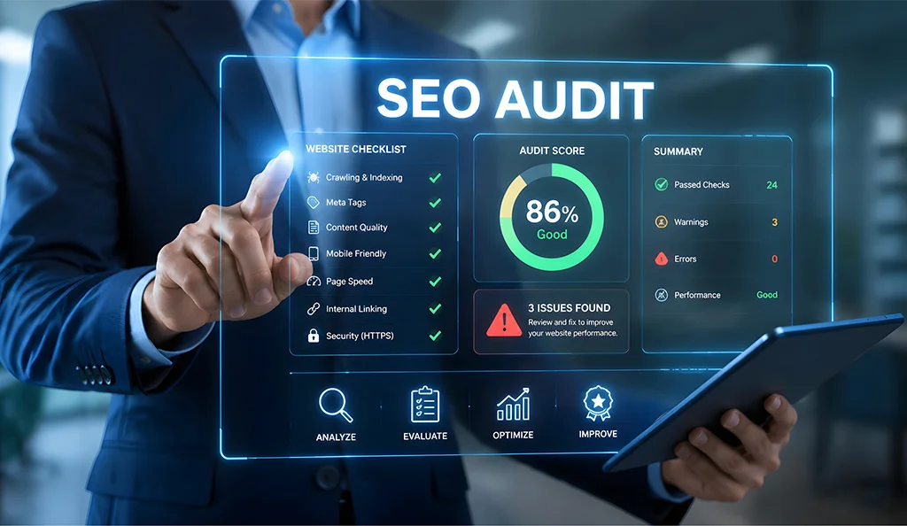 SEO Audit Dubai showing a professional reviewing website performance, technical SEO, and audit results.