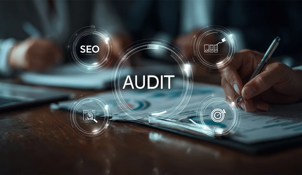 SEO Audit Dubai: What a Website Audit Can Reveal About Lost Search Visibility SEO audit concept showing professionals reviewing documents and analyzing website performance data.
