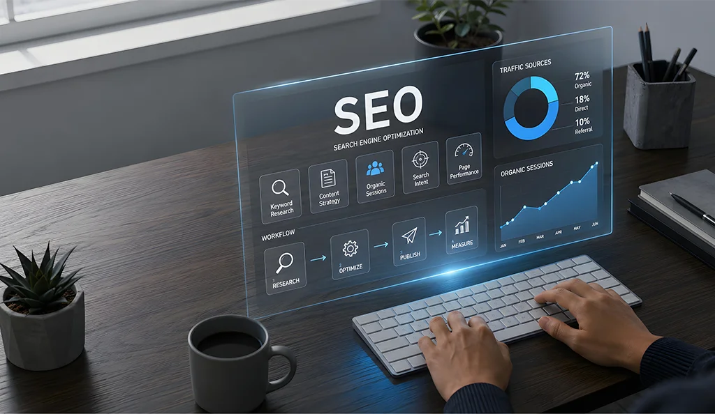 SEO optimization dashboard showing keyword research, content strategy, organic traffic, and website performance analysis.