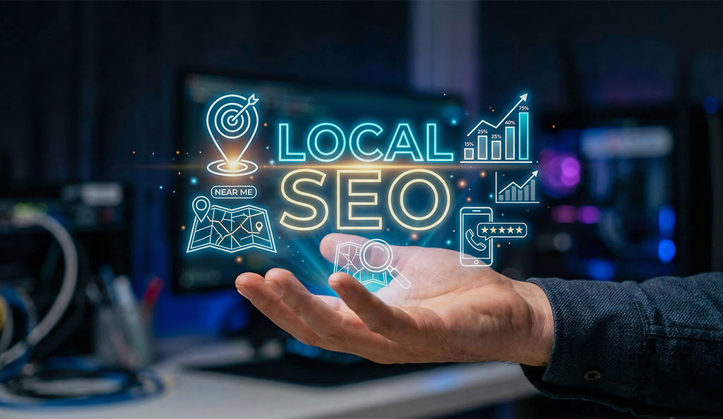 Local SEO strategy with holographic icons for maps, search rankings, reviews, and location-based digital marketing.