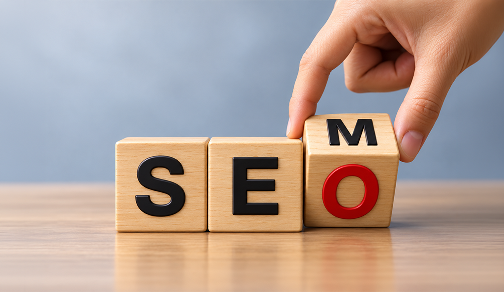 Search Engine Marketing Dubai: How Can Organic Search and Digital Ads Work Together? SEO concept with wooden blocks spelling SEM and “SEO”, a hand positioning the final letter.