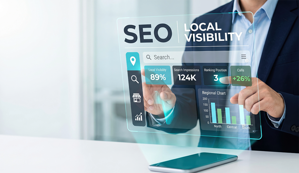 SEO for Local Businesses – business professional analyzing local search visibility and SEO performance data on a digital dashboard.