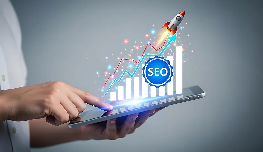 SEO strategy and business growth concept with a rocket launching from a smartphone and an SEO graph.