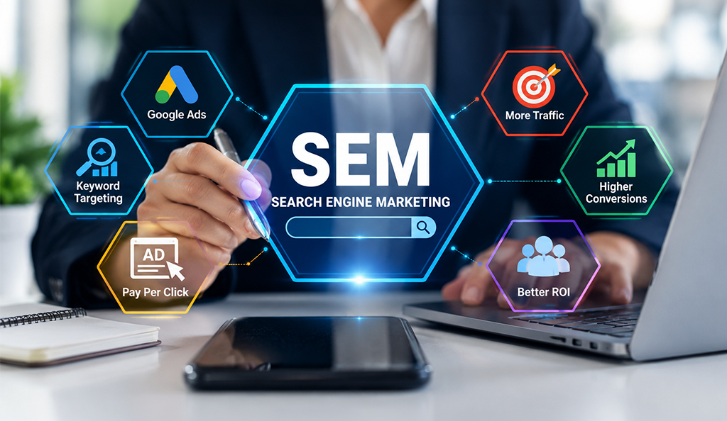Search Engine Marketing Dubai with SEM, Google Ads, keyword targeting, PPC, increased traffic, higher conversions, and better ROI.