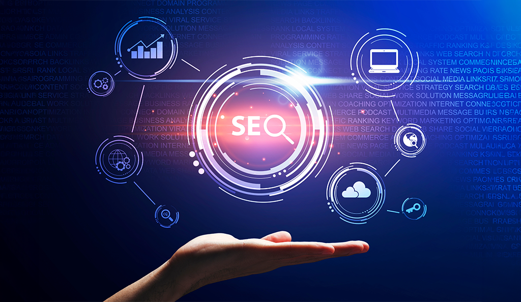 A hand holding a digital SEO optimization interface with icons representing website analytics, search engines, cloud computing, and web performance.