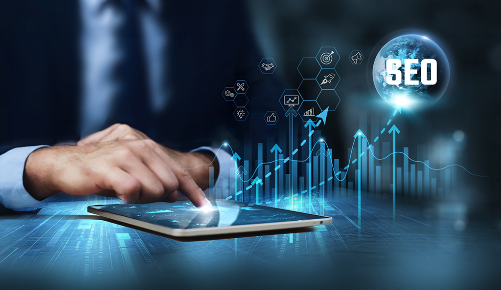 SEO Businessman using tablet and analyzing technical growth