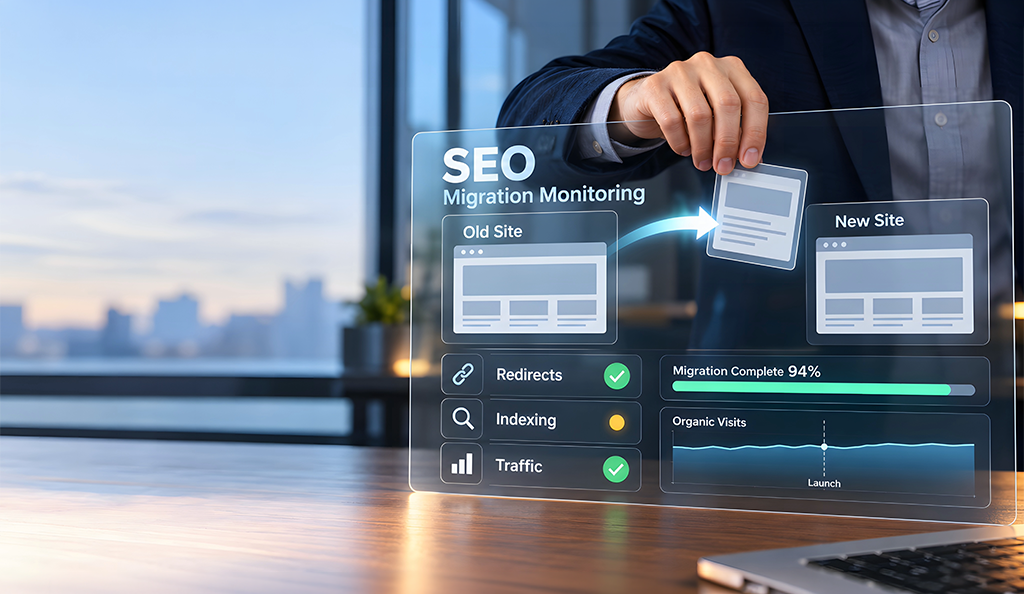 How Can Businesses Distinguish Normal Ranking Fluctuations From Migration Issues With Website Migration SEO Website migration SEO dashboard showing an old website transferring to a new site, with migration progress, redirects, indexing status, and organic traffic monitoring.